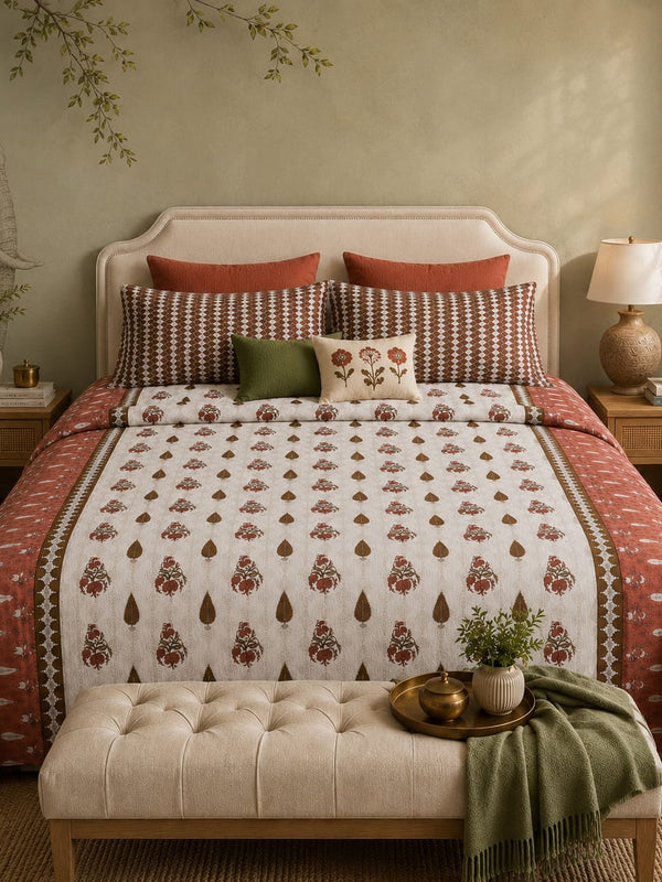 VASTRA Heritage Terracotta 100% Pure Cotton King Size Bedsheet with 2 Pillow Covers | Soft, Breathable & Premium Bedding Set (108 × 108 Inches)