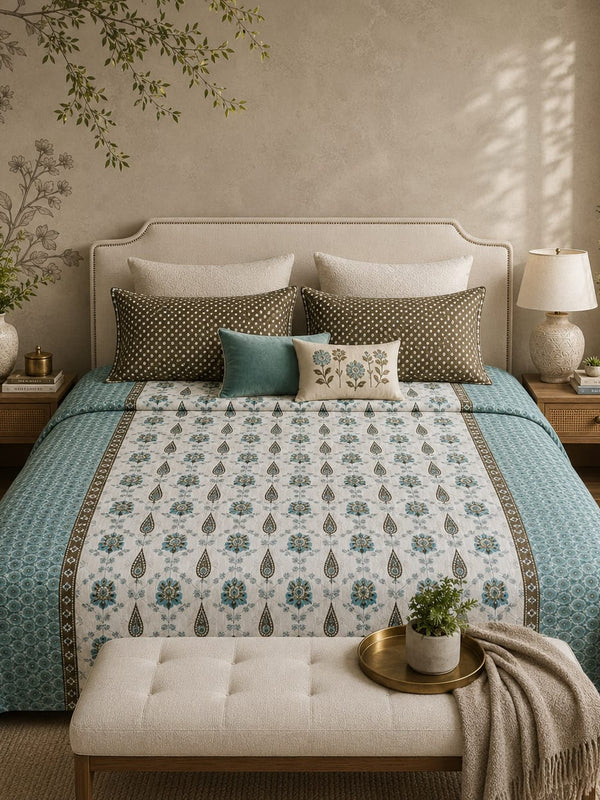 VASTRA Heritage Aqua 100% Pure Cotton King Size Bedsheet with 2 Pillow Covers | Soft, Breathable Premium Bedding Set (108 × 108 Inches)
