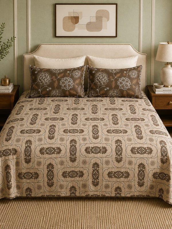 VASTRA Earthen Ornament 100% Pure Cotton King Size Bedsheet with 2 Coordinated Pillow Covers | Premium Brown Printed Bedding Set (108 × 108 Inches)