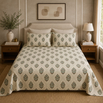 VASTRA Botanical Meadow 100% Pure Cotton Double Bed Bedsheet with 2 Coordinated Pillow Covers | Premium Botanical Printed Bedding Set (90 × 100 Inches)