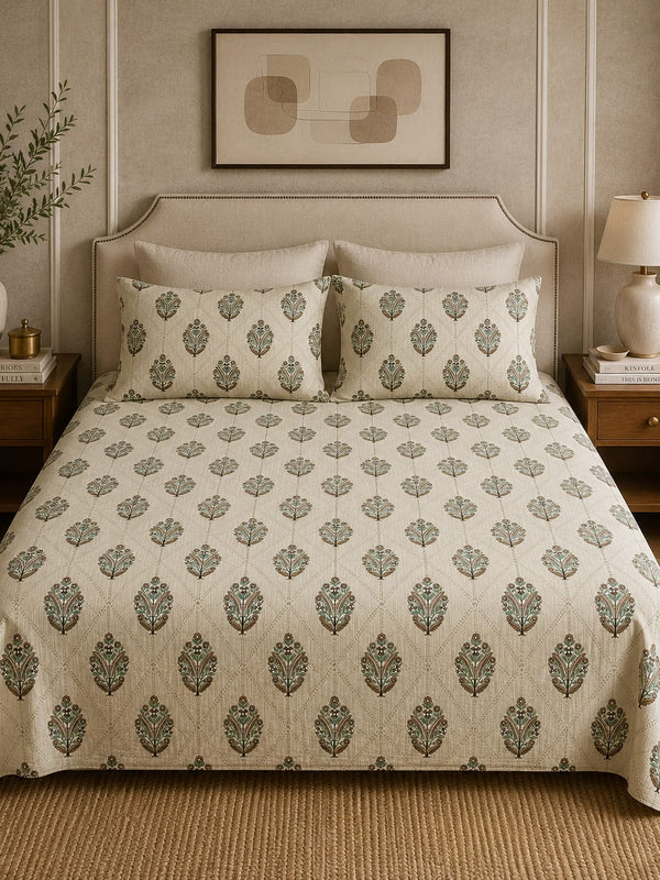 VASTRA Botanical Meadow 100% Pure Cotton Double Bed Bedsheet with 2 Coordinated Pillow Covers | Premium Botanical Printed Bedding Set (90 × 100 Inches)