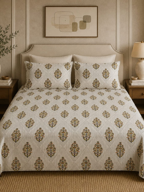 VASTRA Botanical Slate 100% Pure Cotton Double Bed Bedsheet with 2 Coordinated Pillow Covers | Premium Botanical Printed Bedding Set (90 × 100 Inches)