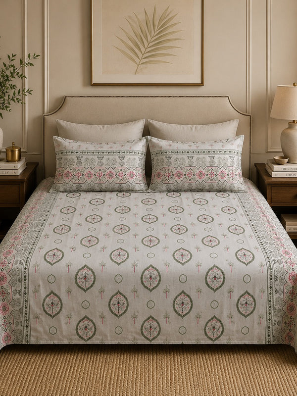 VASTRA Sage Whisper 100% Pure Cotton Double Bed Bedsheet with 2 Pillow Covers | Premium Floral Border Printed Bedding Set (100 × 100 Inches)