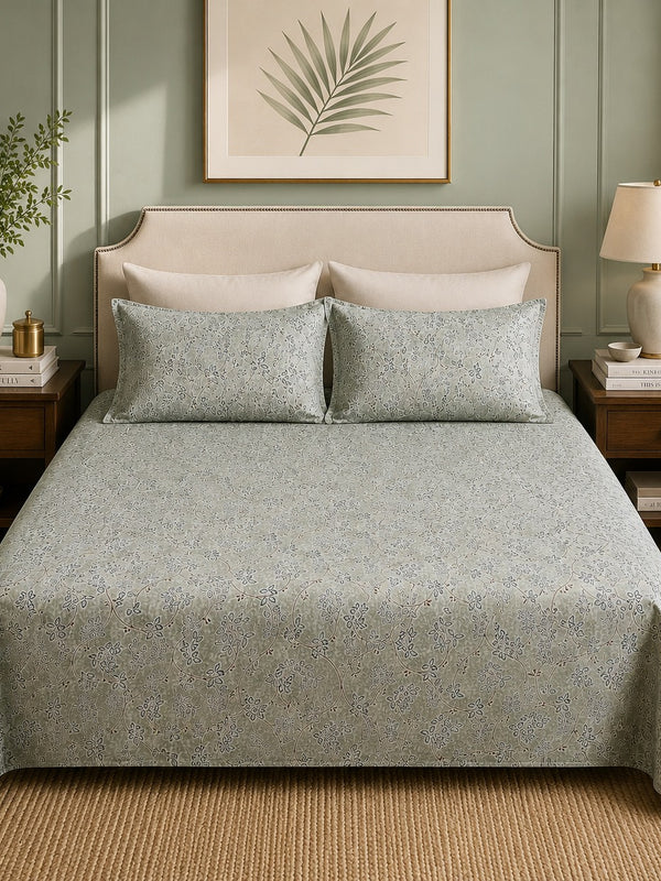 VASTRA Olive Harmony Premium 100% Pure Cotton Double Bedsheet with 2 Coordinated Pillow Covers | Floral Vine Print | 90 x 100 Inches