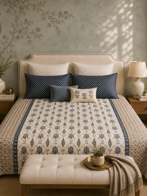 VASTRA Ivory Blue Heritage 100% Pure Cotton King Size Bedsheet with 2 Pillow Covers | Premium Printed Bedding Set (108 × 108 Inches)