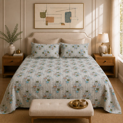 VASTRA Modern Abstract 100% Pure Cotton Double Bed Bedsheet with 2 Pillow Covers | Premium Geometric Printed Bedding Set (90 × 100 Inches)