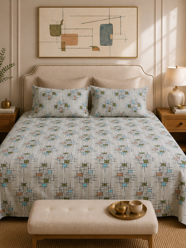 VASTRA Modern Abstract 100% Pure Cotton Double Bed Bedsheet with 2 Pillow Covers | Premium Geometric Printed Bedding Set (90 × 100 Inches)