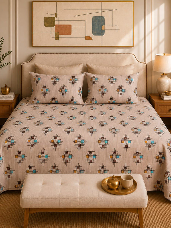 VASTRA Modern Abstract 100% Pure Cotton Double Bed Bedsheet with 2 Pillow Covers | Premium Geometric Printed Bedding Set (90 × 100 Inches)