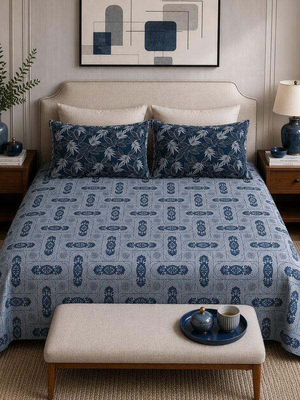 VASTRA Midnight Ornament 100% Pure Cotton Double Bed Bedsheet with 2 Pillow Covers | Premium Blue Printed Bedding Set (90 × 100 Inches)