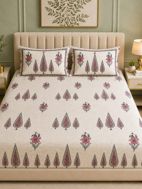 VASTRA Home Textiles Rainbow Premium Fitted Bedsheet for Double Bed | 75 x 80 x 12 Inches | 360° Elastic Fit | 2 Pillow Covers | Beige Paisley Floral Print