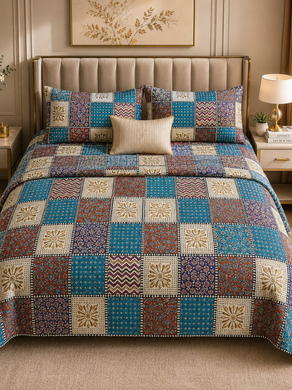 MOCA by Monte Carlo Comfort 100% Pure Cotton Double Bed Bedsheet with 2 Pillow Covers | Premium Multicolor Patchwork Printed Bedding Set (90 × 100 Inches)