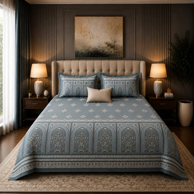VASTRA Blue Majesty 100% Pure Cotton King Size Bedsheet with 2 Pillow Covers | Premium Blue Printed Bedding Set (108 × 108 Inches)