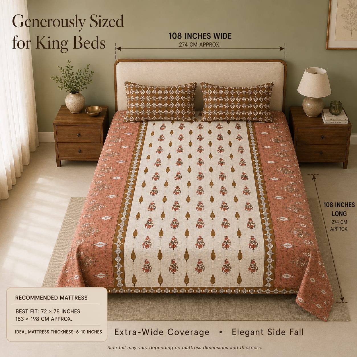 VASTRA Heritage Terracotta 100% Pure Cotton King Size Bedsheet with 2 Pillow Covers | Soft, Breathable & Premium Bedding Set (108 × 108 Inches)