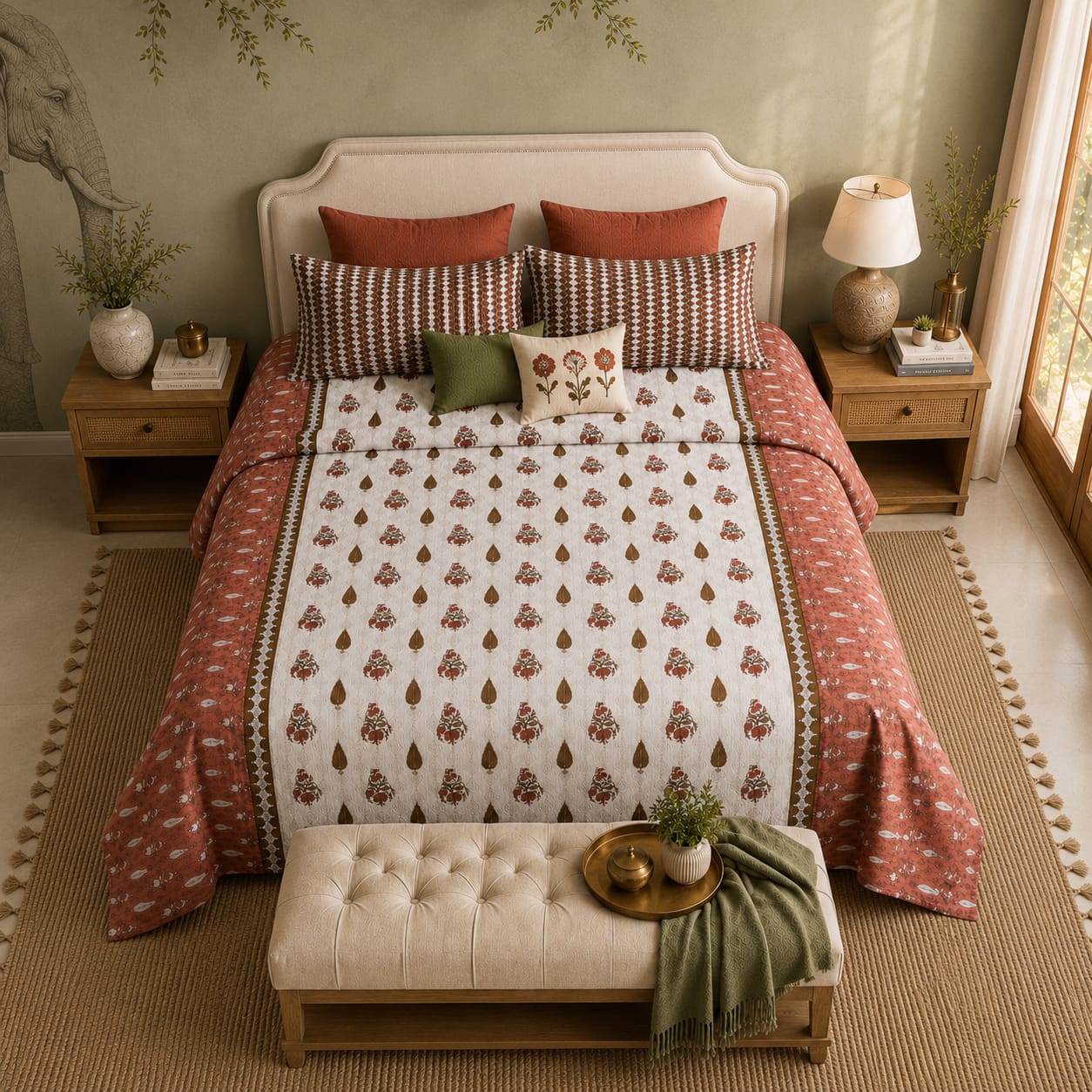 VASTRA Heritage Terracotta 100% Pure Cotton King Size Bedsheet with 2 Pillow Covers | Soft, Breathable & Premium Bedding Set (108 × 108 Inches)