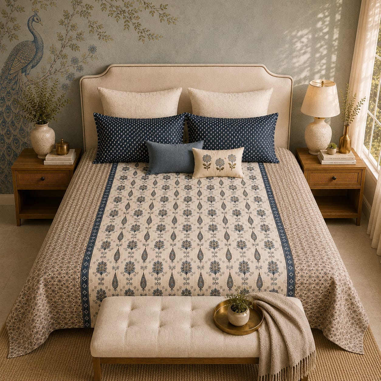 VASTRA Ivory Blue Heritage 100% Pure Cotton King Size Bedsheet with 2 Pillow Covers | Premium Printed Bedding Set (108 × 108 Inches)