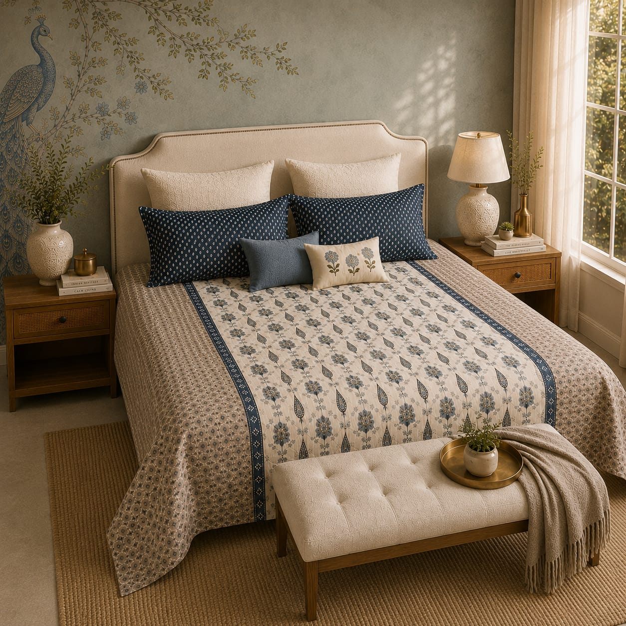 VASTRA Ivory Blue Heritage 100% Pure Cotton King Size Bedsheet with 2 Pillow Covers | Premium Printed Bedding Set (108 × 108 Inches)