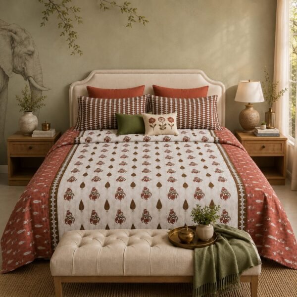 VASTRA Heritage Terracotta 100% Pure Cotton King Size Bedsheet with 2 Pillow Covers | Soft, Breathable & Premium Bedding Set (108 × 108 Inches)