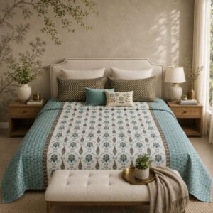 VASTRA Heritage Aqua 100% Pure Cotton King Size Bedsheet with 2 Pillow Covers | Soft, Breathable Premium Bedding Set (108 × 108 Inches)