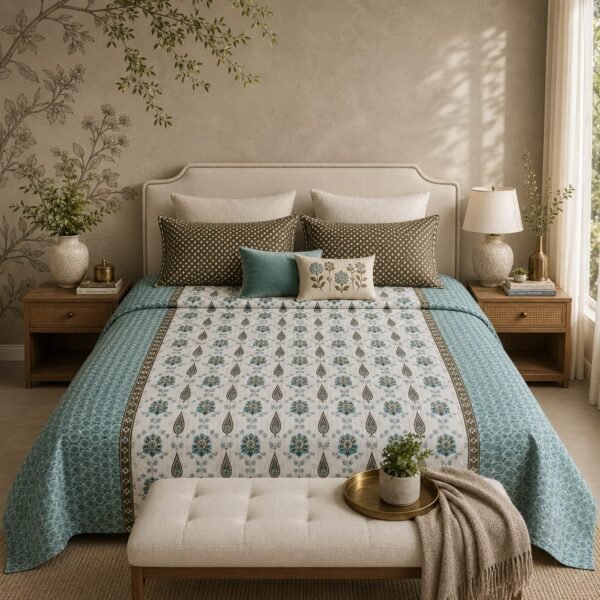 VASTRA Heritage Aqua 100% Pure Cotton King Size Bedsheet with 2 Pillow Covers | Soft, Breathable Premium Bedding Set (108 × 108 Inches)