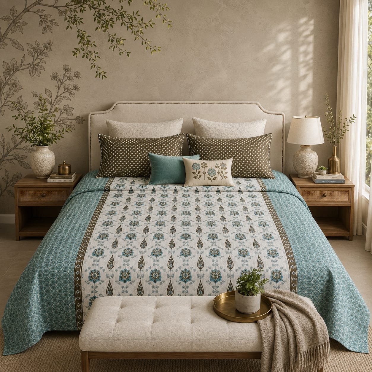 VASTRA Heritage Aqua 100% Pure Cotton King Size Bedsheet with 2 Pillow Covers | Soft, Breathable Premium Bedding Set (108 × 108 Inches)