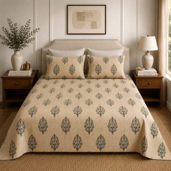 VASTRA Botanical Grove 100% Pure Cotton Double Bed Bedsheet with 2 Coordinated Pillow Covers | Premium Botanical Printed Bedding Set (90 × 100 Inches)