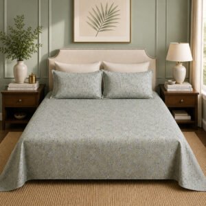 VASTRA Olive Harmony Premium 100% Pure Cotton Double Bedsheet with 2 Coordinated Pillow Covers | Floral Vine Print | 90 x 100 Inches thumbnail