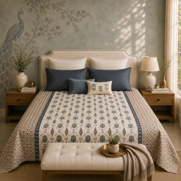 VASTRA Ivory Blue Heritage 100% Pure Cotton King Size Bedsheet with 2 Pillow Covers | Premium Printed Bedding Set (108 × 108 Inches)
