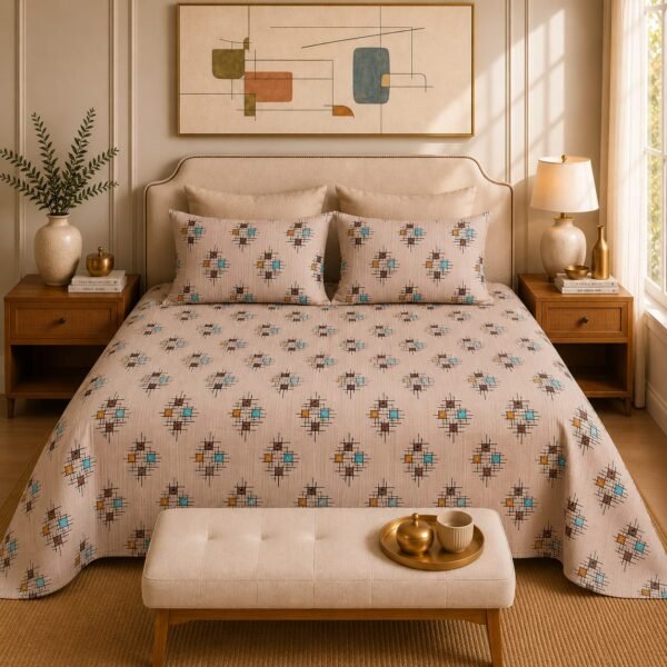 VASTRA Modern Abstract 100% Pure Cotton Double Bed Bedsheet with 2 Pillow Covers | Premium Geometric Printed Bedding Set (90 × 100 Inches)