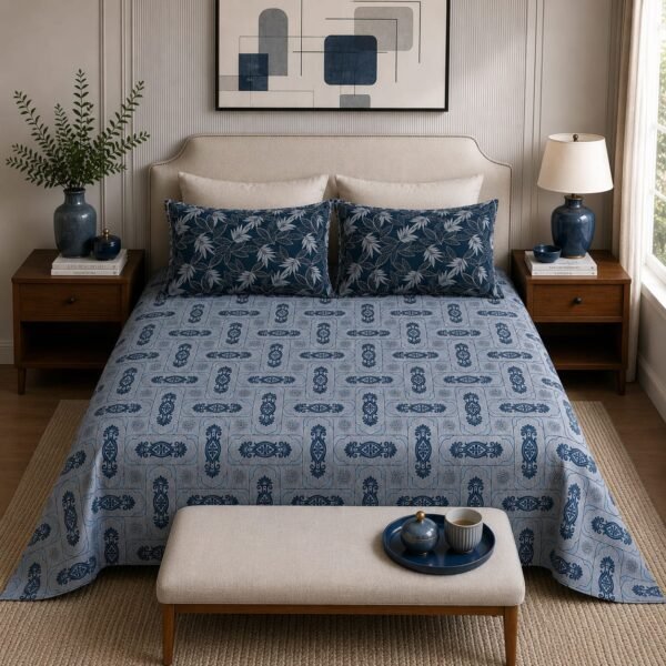 VASTRA Midnight Ornament 100% Pure Cotton Double Bed Bedsheet with 2 Pillow Covers | Premium Blue Printed Bedding Set (90 × 100 Inches)
