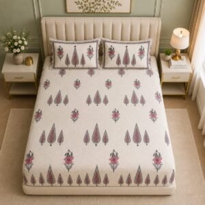 VASTRA Home Textiles Rainbow Premium Fitted Bedsheet for Double Bed | 75 x 80 x 12 Inches | 360° Elastic Fit | 2 Pillow Covers | Beige Paisley Floral Print thumbnail