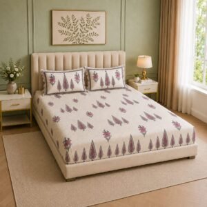 VASTRA Home Textiles Rainbow Premium Fitted Bedsheet for Double Bed | 75 x 80 x 12 Inches | 360° Elastic Fit | 2 Pillow Covers | Beige Paisley Floral Print thumbnail