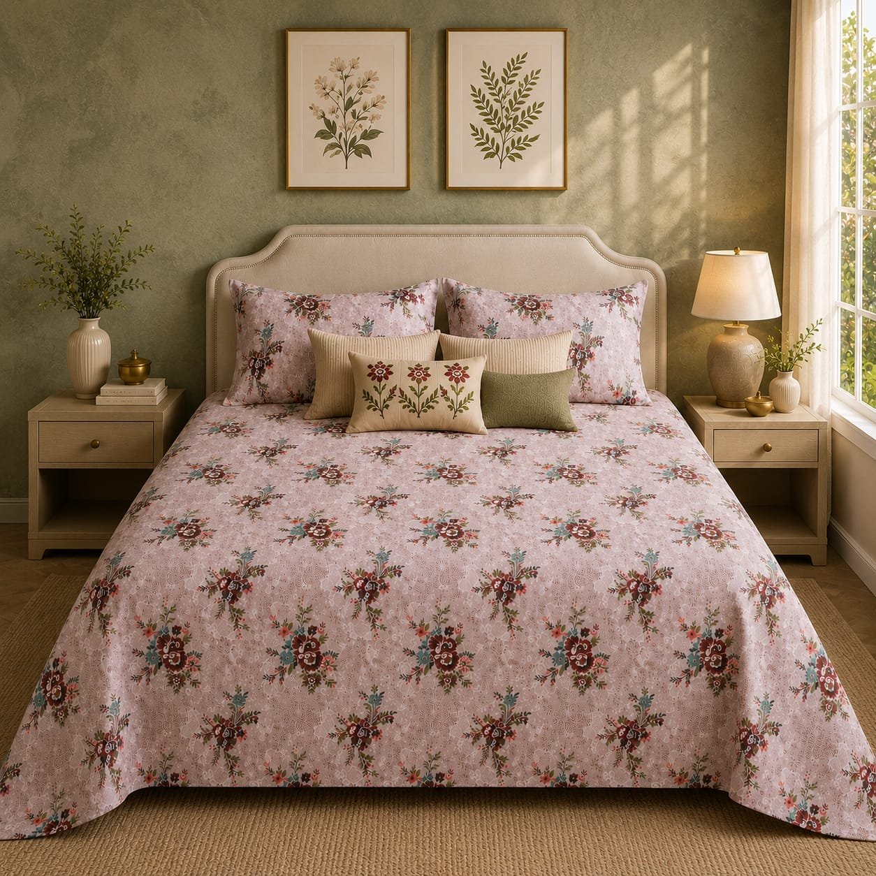 VASTRA Rose Meadow 100% Pure Cotton Double Bed Bedsheet with 2 Pillow Covers | Soft Floral Printed Bedding Set (90 x 100 Inches)
