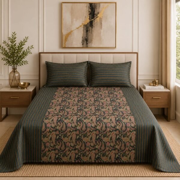 VASTRA Midnight Paisley 100% Pure Cotton King Size Bedsheet with 2 Pillow Covers | Premium Paisley Printed Bedding Set (108 × 108 Inches)