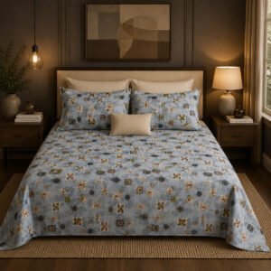 VASTRA Azure Haven 100% Pure Cotton Double Bed Bedsheet with 2 Pillow Covers | Premium Blue Printed Bedding Set (90 × 100 Inches)