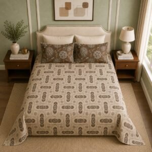 VASTRA Earthen Ornament 100% Pure Cotton King Size Bedsheet with 2 Coordinated Pillow Covers | Premium Brown Printed Bedding Set (108 × 108 Inches) thumbnail