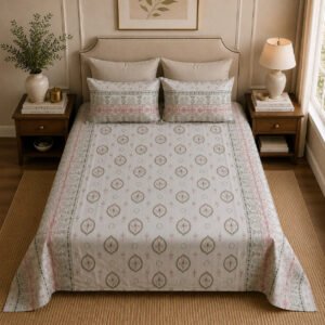 VASTRA Sage Whisper 100% Pure Cotton Double Bed Bedsheet with 2 Pillow Covers | Premium Floral Border Printed Bedding Set (100 × 100 Inches) thumbnail