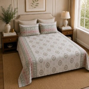 VASTRA Sage Whisper 100% Pure Cotton Double Bed Bedsheet with 2 Pillow Covers | Premium Floral Border Printed Bedding Set (100 × 100 Inches) thumbnail