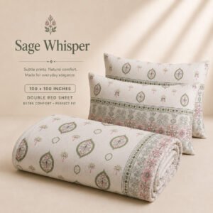 VASTRA Sage Whisper 100% Pure Cotton Double Bed Bedsheet with 2 Pillow Covers | Premium Floral Border Printed Bedding Set (100 × 100 Inches) thumbnail