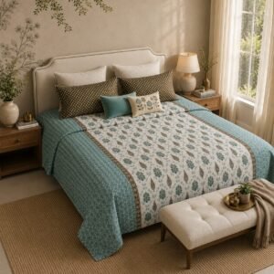 VASTRA Heritage Aqua 100% Pure Cotton King Size Bedsheet with 2 Pillow Covers | Soft, Breathable Premium Bedding Set (108 × 108 Inches) thumbnail