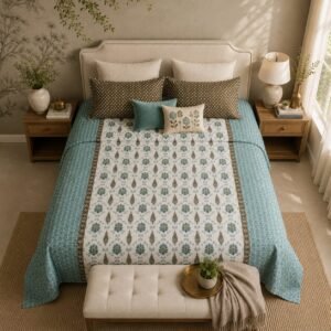 VASTRA Heritage Aqua 100% Pure Cotton King Size Bedsheet with 2 Pillow Covers | Soft, Breathable Premium Bedding Set (108 × 108 Inches) thumbnail