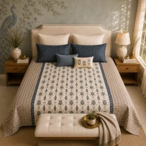 VASTRA Ivory Blue Heritage 100% Pure Cotton King Size Bedsheet with 2 Pillow Covers | Premium Printed Bedding Set (108 × 108 Inches) thumbnail