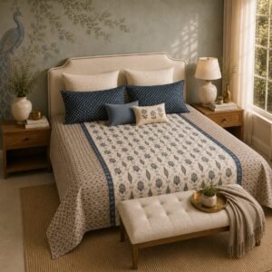 VASTRA Ivory Blue Heritage 100% Pure Cotton King Size Bedsheet with 2 Pillow Covers | Premium Printed Bedding Set (108 × 108 Inches) thumbnail