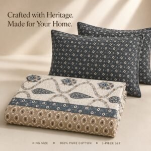 VASTRA Ivory Blue Heritage 100% Pure Cotton King Size Bedsheet with 2 Pillow Covers | Premium Printed Bedding Set (108 × 108 Inches) thumbnail