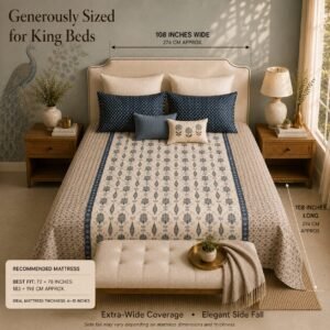 VASTRA Ivory Blue Heritage 100% Pure Cotton King Size Bedsheet with 2 Pillow Covers | Premium Printed Bedding Set (108 × 108 Inches) thumbnail