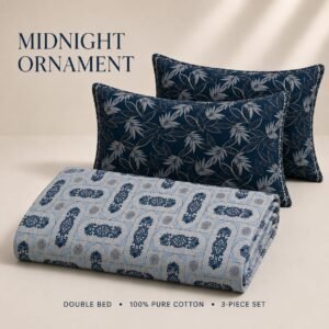 VASTRA Midnight Ornament 100% Pure Cotton Double Bed Bedsheet with 2 Pillow Covers | Premium Blue Printed Bedding Set (90 × 100 Inches) thumbnail