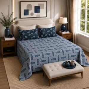 VASTRA Midnight Ornament 100% Pure Cotton Double Bed Bedsheet with 2 Pillow Covers | Premium Blue Printed Bedding Set (90 × 100 Inches) thumbnail