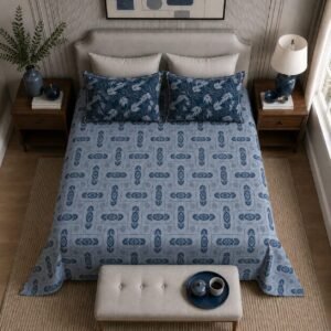 VASTRA Midnight Ornament 100% Pure Cotton Double Bed Bedsheet with 2 Pillow Covers | Premium Blue Printed Bedding Set (90 × 100 Inches) thumbnail