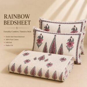 VASTRA Home Textiles Rainbow Premium Fitted Bedsheet for Double Bed | 75 x 80 x 12 Inches | 360° Elastic Fit | 2 Pillow Covers | Beige Paisley Floral Print thumbnail