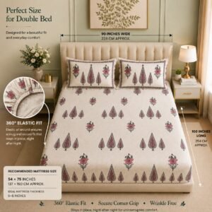 VASTRA Home Textiles Rainbow Premium Fitted Bedsheet for Double Bed | 75 x 80 x 12 Inches | 360° Elastic Fit | 2 Pillow Covers | Beige Paisley Floral Print thumbnail