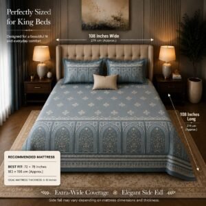 VASTRA Blue Majesty 100% Pure Cotton King Size Bedsheet with 2 Pillow Covers | Premium Blue Printed Bedding Set (108 × 108 Inches) thumbnail